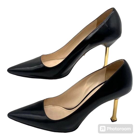 Prada Spazzolato Basi Nero black women's pumps gold heels size 36 authentic - Picture 4 of 12
